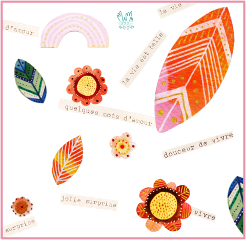 Fleurs et feuilles en papier découpé et mots écrits à la machine à écrire